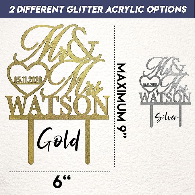 Wedding Cake Topper Personalized, Custom Mr. Mrs. Cake Topper w Last Name, Silver Glitter Acrylic Decoration for Special Event