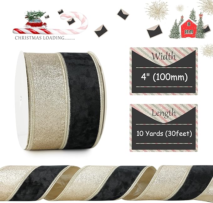 Black Velvet Wired Christmas Ribbon 4 Inch Extra Wide Thick Black and Gold Glitter Holiday Ribbon – 10-Yards Roll for Tree Decorations, Gift Wrapping, Wreaths, and DIY Crafts