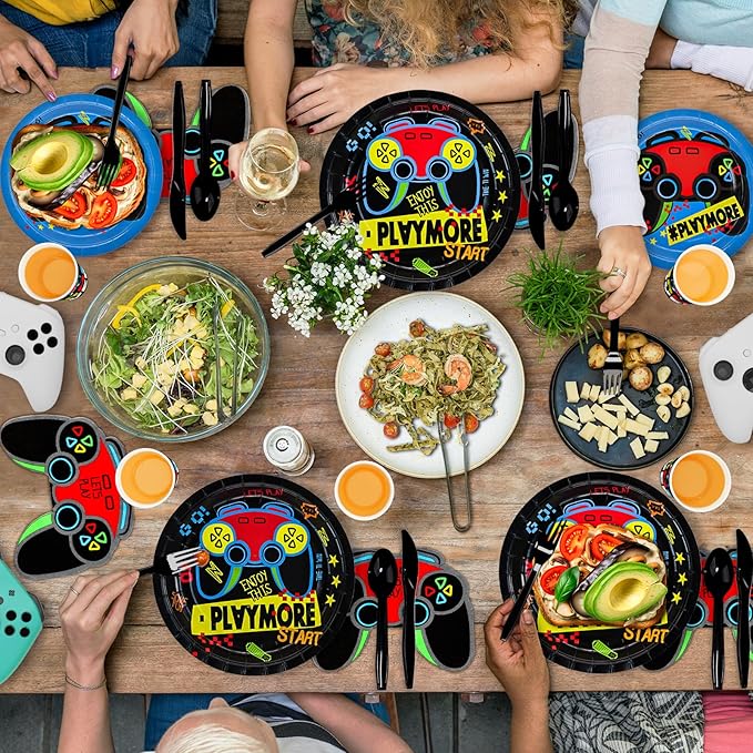DYLIVeS Video Game Birthday Party Decorations, 180 pcs Gaming Party Supplies for Boys Child Game Party Tableware Set - Include Banner, Gamer 9" and 7" Paper Plates, Cups, Napkins, Cutlery, Serves 24