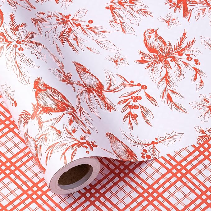 RUSPEPA Reversible Christmas Wrapping Paper Roll, Mini Roll, Vintage Red Botanical Bird and Pinecone Design, Red White Plaid Pattern Gift Wrap Paper for Elegant Holiday Gifts, 17 Inches x 32.8 Feet