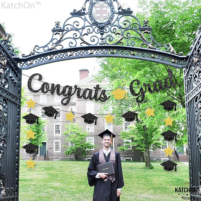 KatchOn, Glitter Black and Gold Congrats Grad Banner - 10 Feet | Black and Gold Graduation Banner, Cap Garland for Graduation Decorations 2025 | 2025 Grad Party Decorations