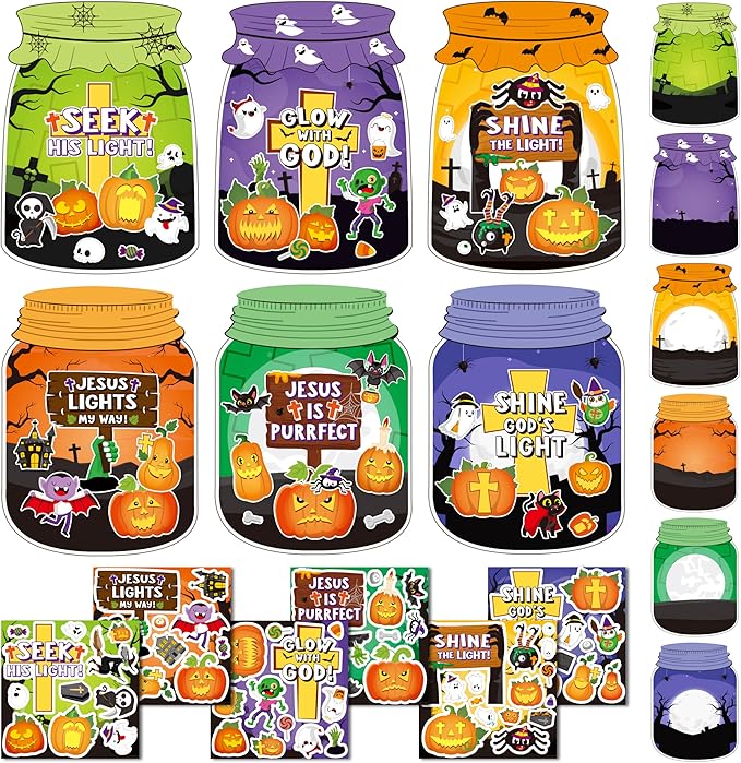 CY2SIDE 12 Set Jesus Cross Stickers, Make A Ghost Jar Sticker Scene with Pumpkin Witch, DIY Halloween Party Games