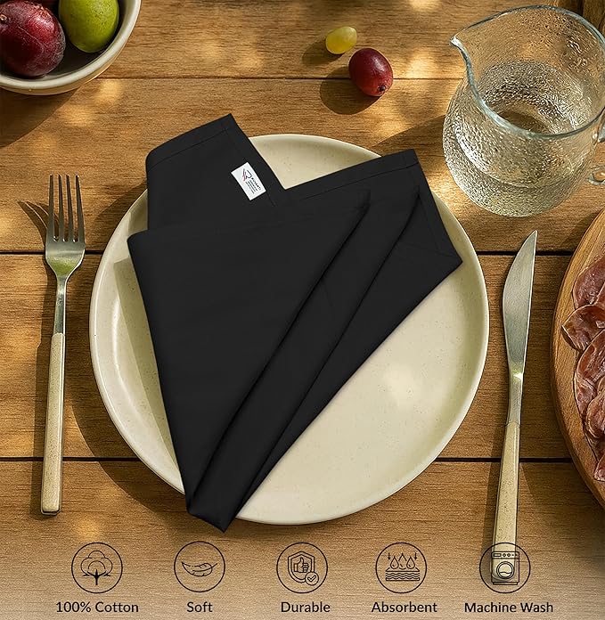 Ruvanti Premium Cloth Napkins Set of 6, 18x18 Inches, 100% Cotton, Washable, Soft & Absorbent, Perfect for Wedding, Christmas, ‎Thanksgiving Dinners - Black Beauty