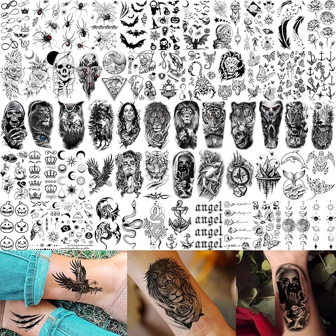 71 Sheets Dead Skull Temporary Tattoos For Women Men Adults, Old School Halloween Fake Tattoo Stickers Tiger Wolf Lion Dragon Flowers, Temp Punk Gothic Chicano Carp Skeleton Tattoo Indian Eagle Floral