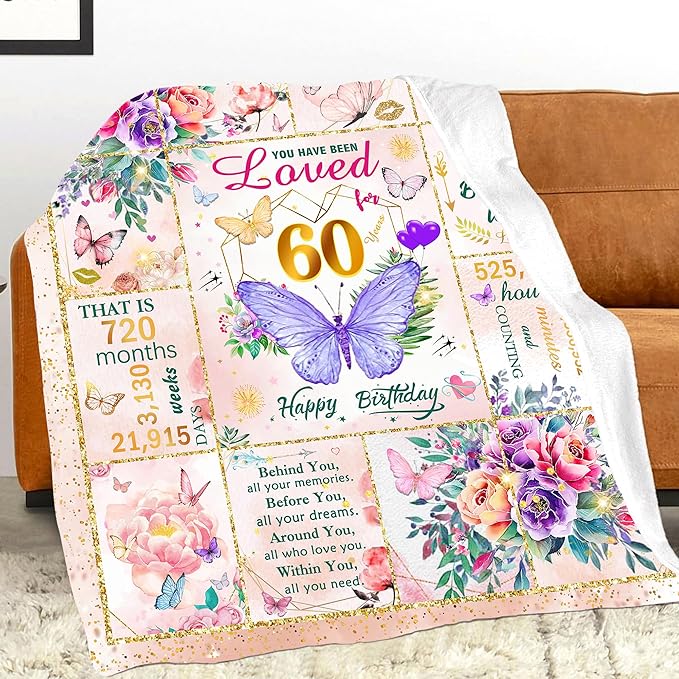 60th Birthday Gifts for Women, Super Soft Unique Fun Purple Butterfly Flower Blanket Gifts for Anniversary Christmas, 60th Birthday Decorations for Women, Cozy Warm Plush Fuzzy Fleece Blanket 60"x50"