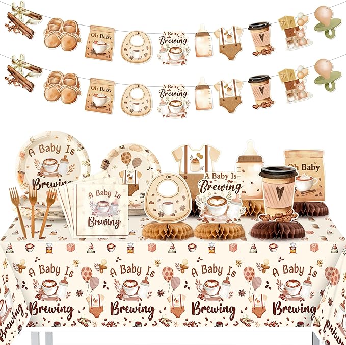 A Baby is Brewing Party Decoration - Serves 24-105Pcs Coffee Baby Shower Tableware Set Latte Honeycomb Centerpieces Disposable Plate Napkin Tablecloth Banner Gender Reveal Photo Prop