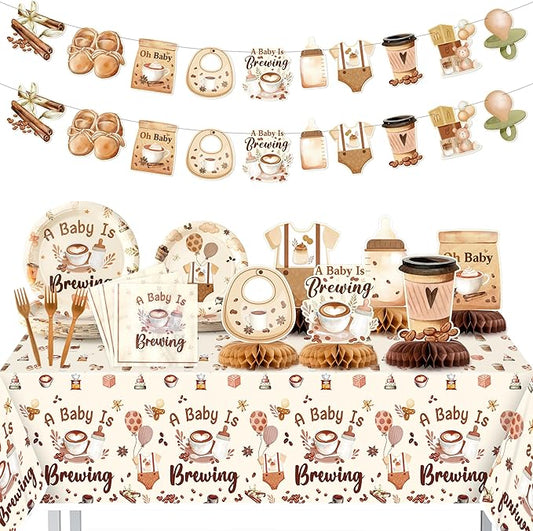 A Baby is Brewing Party Decoration - Serves 24-105Pcs Coffee Baby Shower Tableware Set Latte Honeycomb Centerpieces Disposable Plate Napkin Tablecloth Banner Gender Reveal Photo Prop