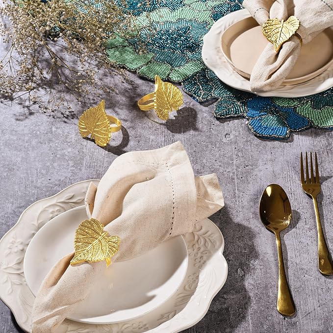 Elegant Handcrafted Leaf Napkin Rings - Set of 12 Premium Aluminum Holders for Dinner Parties, Weddings, Special Occasions & Everyday Dining (Gold) - CLEENTABLE