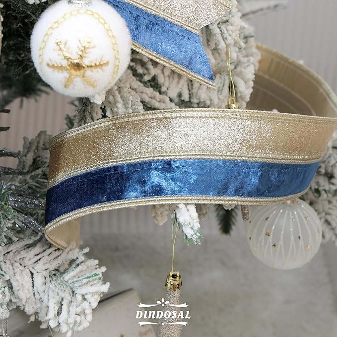 Navy Blue Velvet Wired Christmas Ribbon 2.5 Inch Blue and Gold Holiday Ribbon – 10-Yards Roll for Tree Decorations, Gift Wrapping, Wreaths, and DIY Crafts