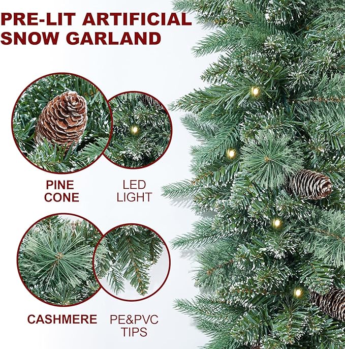 9FT Prelit Christmas Garland Decorations 50 led Snow Christmas Garland with Lights Battery Operated with Timer for Outdoor Indoor, Home Decoration Mantle Stairs Railing Fireplace Outdoor Indoor Door