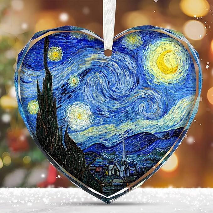 Starry Night Heart Christmas Ornaments, Crystal Glass Art Ornament for Tree, Elegant Artist Ornament Gift with Gift Box, Romantic Heart Ornaments for Christmas Tree Decoration
