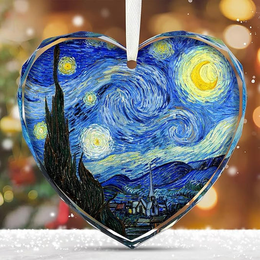 Starry Night Heart Christmas Ornaments, Crystal Glass Art Ornament for Tree, Elegant Artist Ornament Gift with Gift Box, Romantic Heart Ornaments for Christmas Tree Decoration