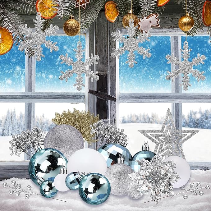 Sratte 94 Pcs Christmas Tree Decorations Set, Christmas Tree Ball Ornaments Glitter Poinsettia Flowers Decorations Glitter Berries Stems for Xmas Holiday Wedding(Blue, White, Silver)