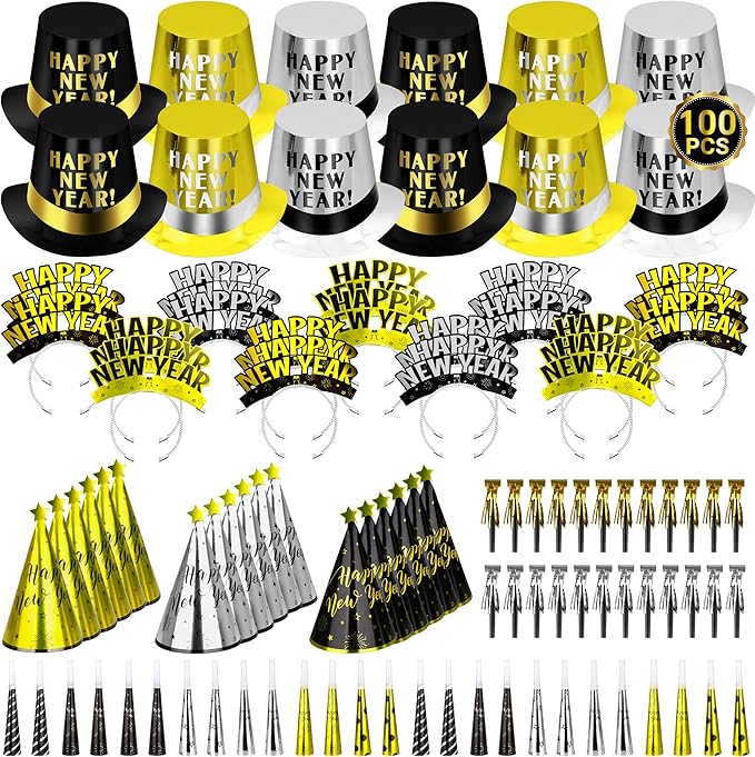 100PCS New Years Party Supplies, New Years Eve Headband 50 Guests, New Year Party Supplies, Cardboard Cone Hat Eve Hats and Tiaras Party Horns Fringed NYE Gold Black Silver