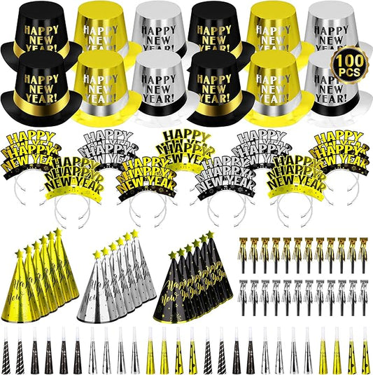100PCS New Years Party Supplies, New Years Eve Headband 50 Guests, New Year Party Supplies, Cardboard Cone Hat Eve Hats and Tiaras Party Horns Fringed NYE Gold Black Silver