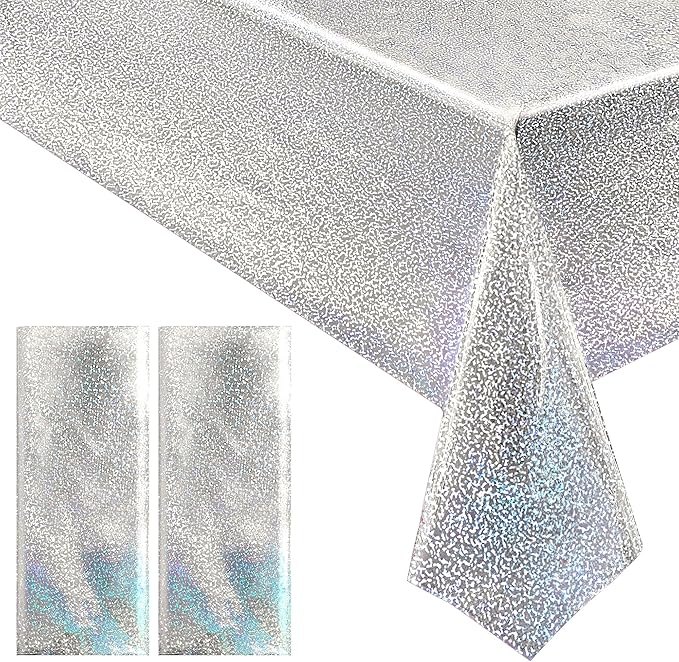 2 pcs Silver Holographic Tablecloths Shiny Disco Laser Table Cloths 40" x 108" Iridescence Plastic White Table Cover for Birthday Party Decoration Wedding Christmas Winter Grad Party Supplies