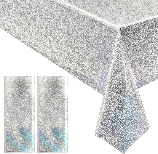 2 pcs Silver Holographic Tablecloths Shiny Disco Laser Table Cloths 40" x 108" Iridescence Plastic White Table Cover for Birthday Party Decoration Wedding Christmas Winter Grad Party Supplies