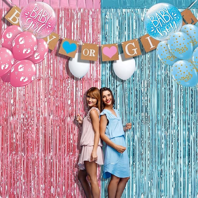 4 Pack 3.2Ft x 9.8Ft Pink Blue Foil Fringe Curtain Backdrop, Metallic Tinsel Foil Fringe Streamers Curtains for Photo Booth, Wedding, Gender Reveal Backdrop Boy or Girl Birthday Party Decoration