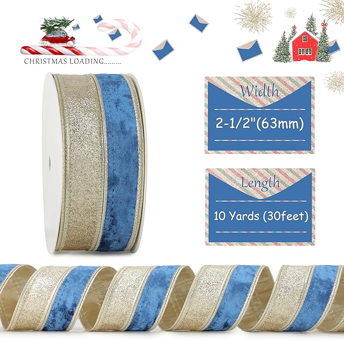 Navy Blue Velvet Wired Christmas Ribbon 2.5 Inch Blue and Gold Holiday Ribbon – 10-Yards Roll for Tree Decorations, Gift Wrapping, Wreaths, and DIY Crafts