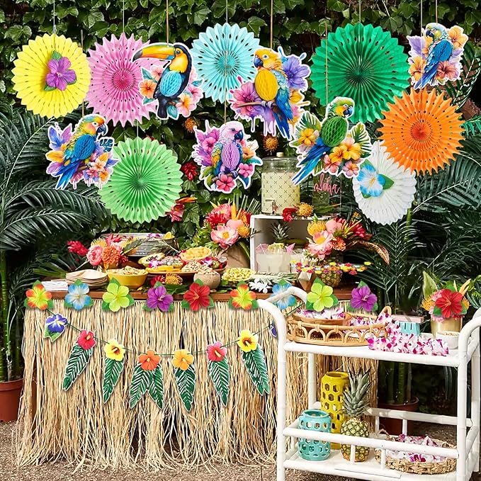 Tropical Party Decorations, Hawaiian Party Decor, with Paper Parrots Honeycombs and Hibiscus Flower Banner, Party Tissue Paper Pompoms for Summer Luau Tiki Jungle Themed Decorations