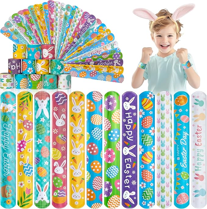 Childom 36 Pcs Easter Slap Bracelet,Easter Bunny Decorations Gifts Bracelet Decorations,Bracelets Present for Holiday Goodie Bag Stuffers,Bracelets Bulk for Birthday School Classroom Prizes Outdoor