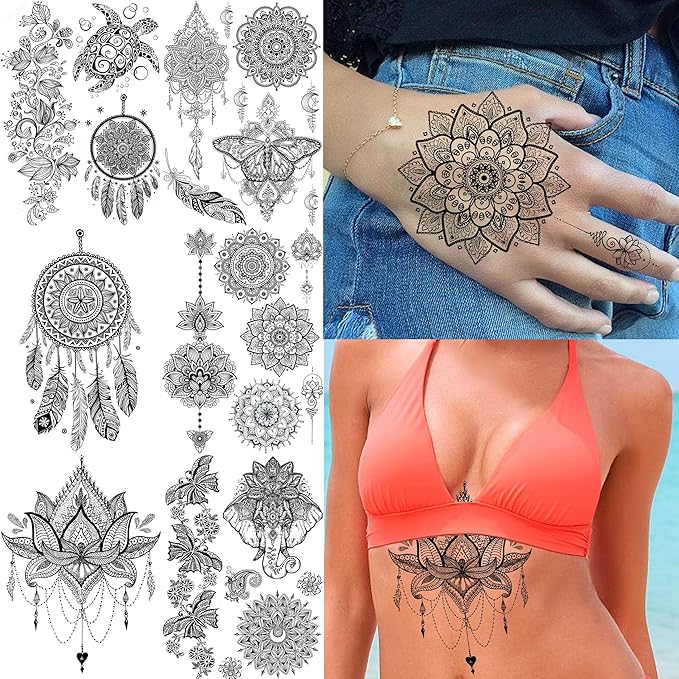 6 Sheets FANRUI Black Henna Temporary Tattoos For Women Lace Mehndi Mandala Flower Tatoos Ink Large Waterproof Lotus Fake Jewelry Pendant Butterfly Tattoo Stickers Kit Wedding Dreamcatcher Feather