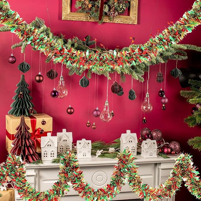 Dilunave 40 Feet Christmas Tinsel Garland Metallic Foil Twist Tinsel Garland Decoration for Christmas Tree, Wedding, Birthday and Party Hanging Decorations(Red, Green, Gold)