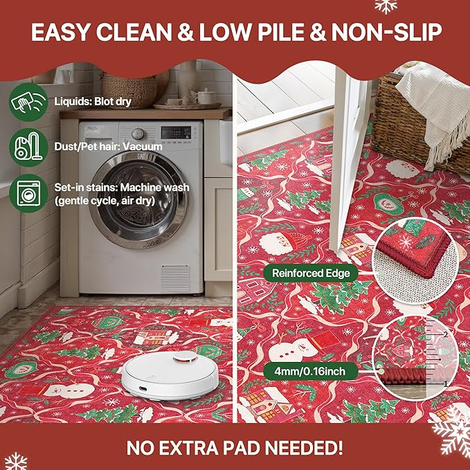 Christmas Area Rug 3x5 for Living Room, Washable Rug for Bedroom, Christmas Home Decor, Holiday Print Carpet, Low Pile Non Slip Mat with Rubber Backing, Red Christmas Tale Pattern