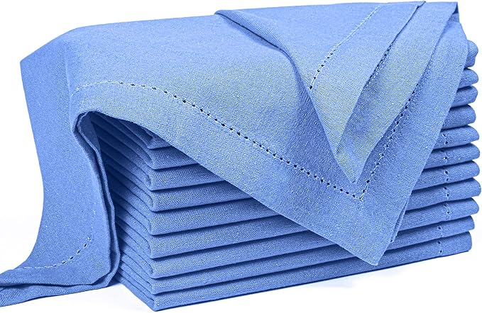 Palisa Cloth Dinner Napkins with Hemstitched Detailing & Mitered Corners Set of 12 (18x18 Inches) Light Blue - Cotton Reusable Dinner Napkins - Perfect for Weddings & Everyday Use