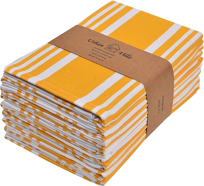 Urban Villa DinnerNapkins Trendy Stripes Cloth Napkins Set of 12 Yellow/White Color Dinner Napkins 20x20 Inches 100% Cotton Dinner Napkins Over Sized Cloth Napkins with Mitered Corners DinnerNapkins