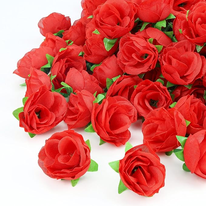 100Pcs 1.3 Inches Mini Red Roses Artificial Flowers Mini Rose Flowers for Crafts Fake Small Silk Rose Head for Wedding Bouquet DIY Party Table Centerpieces Decor