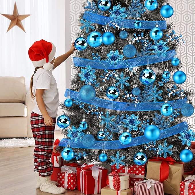 Sratte 94 Pcs Christmas Tree Decorations Set, Christmas Tree Ball Ornaments Glitter Poinsettia Flowers Decorations Glitter Berries Stems for Xmas Holiday Wedding(Lake Blue)
