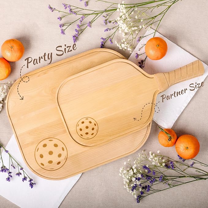 Pickleball Charcuterie & Cutting Board, Pickleball Gift, Party Size - 22.5 x 5.5 x 0.75”, Birch Wood, Paddle Shape with Handle, Mineral Oil Finish