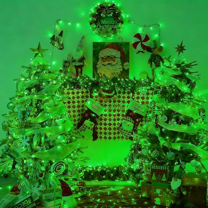 YEGUO 66ft 200 LED Green Halloween Lights Outdoor Waterproof, Green Wire Christmas String Lights Indoor, 8 Modes Twinkle Tree Lights Plug in with Timer Memory