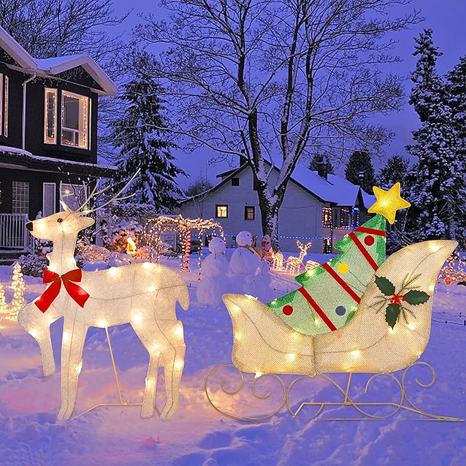 ATDAWN Lighted Christmas Reindeer Sleigh Yard Decoration, 50 Lights Christmas Deer Outdoor Decoration, Light Up Display