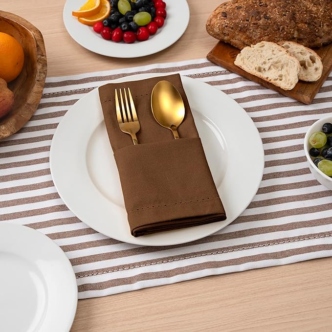 Blue Needles Set of 6 Hemstitch Linen Napkins 100% Cotton Nut Brown Cloth Dinner Napkins 18x18 inches, Soft, Reusable, Absorbent, Washable, Ideal for Fall Thanksgiving Events, Parties & Everyday Use