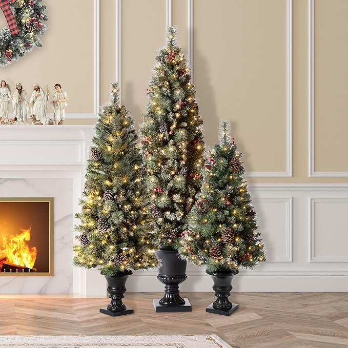 Glitzhome 4ft/5ft/6ft Pre-lit Christmas Trees Set, Artificial Christmas Trees Flocked Potted Christmas Porch Trees for Entrance with Pine Cones, Red Berries, and Warm White Lights