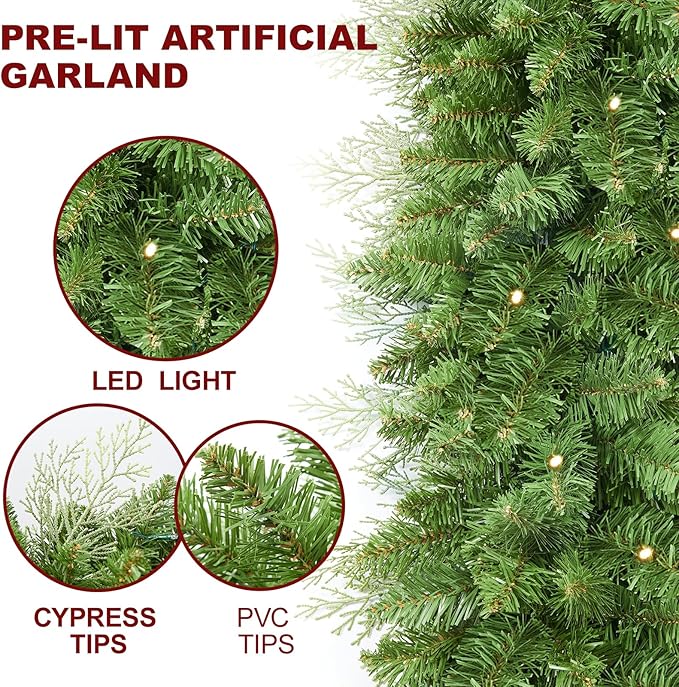9 FT Pre-lit Christmas Garland Holiday Artificial 50 Led Light for Stairs Wall Door Indoor Outdoor Garland with Battery Operated Timer, for Holiday Home Decorations Fireplaces