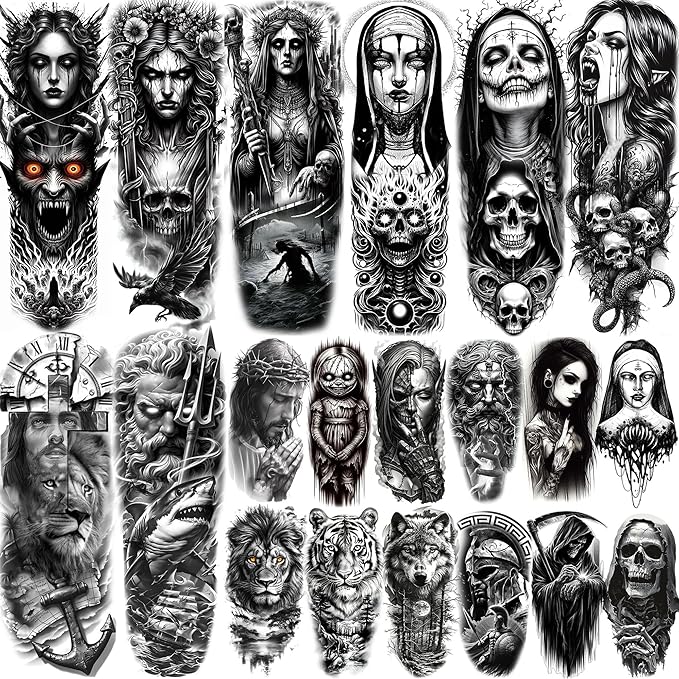 20 Sheets Black Gothic Full Arm Temporary Tattoos For Men Adults Thigh, Nun Girl Skull Skeleton Zeus God Jesus Christ Fake Sleeve Tattoos For Women, Scary Halloween Tattoo Stickers Demon Vampire