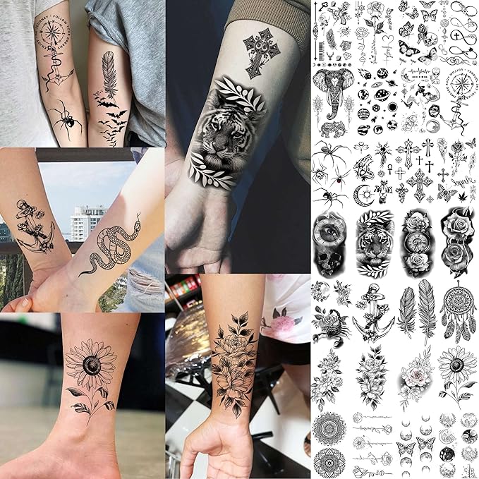 64 Sheets Long Lasting Flower Temporary Fake Tattoos For Women Arm Neck, Jellyfish Sunflower Moon Rose For Adults Girl, 3D Temp Realistic Snake Tatoo Stickers Serpent Peony Floral Kids
