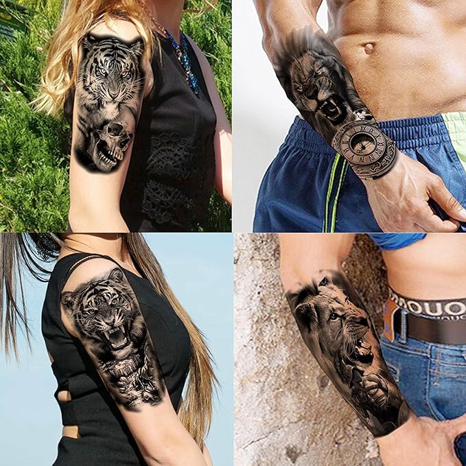 67 Sheets 3D Black Tribal Realistic Lion Temporary Tattoos for Men Women Adults, Bulk Tiger Wolf Warrior Gladiator Temp Skull Skeleton Halloween Fake Half Arm Sleeve Tattoos Stickers Legs Kit Sets