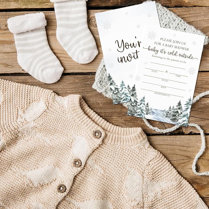 4'' x 6'' Baby It's Cold Outside Baby Shower Invitations - 25 Snowflake & Tree Invited Cards with Envelopes - Winter Announcement Invites for Boys & Girls, Gender Reveal Party Supplies & Decor -A06