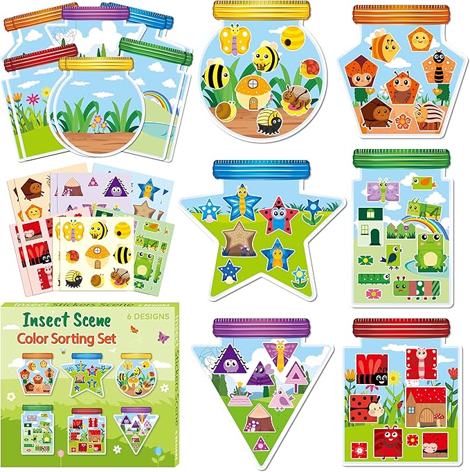 CY2SIDE Summer Bugs Sorting Stickers Scene - 12 Set Cute Insect Sorting Art Craft for Kids Make A Bug Jar Stickers Scene with Butterfly Bee Flower DIY Summer Party Games Class Activities