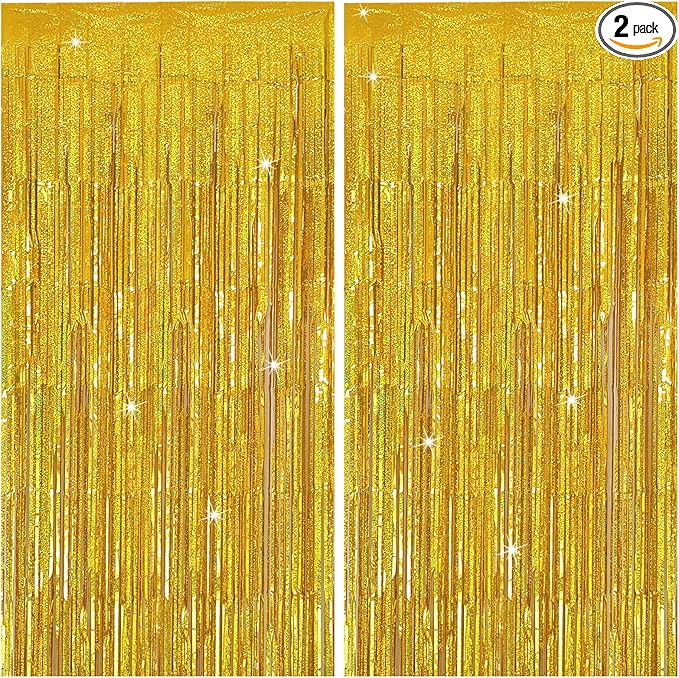 Tinsel Curtain Party Backdrop Gold Birthday Decorations 2 Packs Glitter Foil Fringe Curtain Party Decor Streamers Photo Booth for Birthday Christmas Wedding Halloween Graduation Decorations