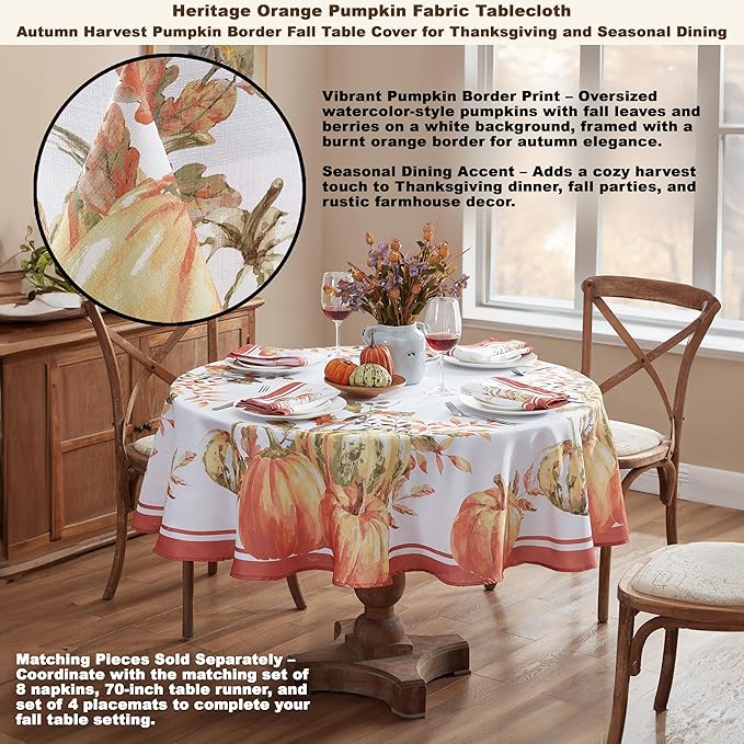 Home Bargains Plus Thanksgiving Contemporary Orange Pumpkin Tablecloth, 70 Inch Round, Fall Harvest Easy Care Fabric Table Cover