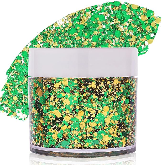 Green Face Glitter Gel,Elphaba Costume Accessories,Gold Hair Glitter Green St Patrick's Day Outfit for Women,Mardi Gras Carnival Face Paint Body Glitter Sparkling Festival Chunky Makeup