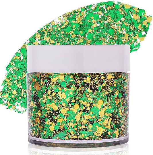 Green Face Glitter Gel,Elphaba Costume Accessories,Gold Hair Glitter Green St Patrick's Day Outfit for Women,Mardi Gras Carnival Face Paint Body Glitter Sparkling Festival Chunky Makeup