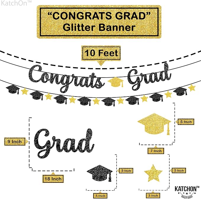 KatchOn, Glitter Black and Gold Congrats Grad Banner - 10 Feet | Black and Gold Graduation Banner, Cap Garland for Graduation Decorations 2025 | 2025 Grad Party Decorations