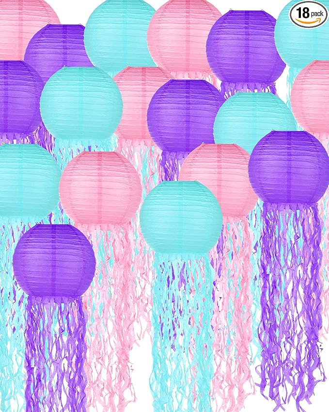 18 Pcs Jellyfish Paper Lanterns Jellyfish Lantern Hanging Decoration Ocean Theme Party Supplies Mermaid Birthday Decorations for Baby Shower Under The Sea Birthday Party Supplies(Vintage Color)