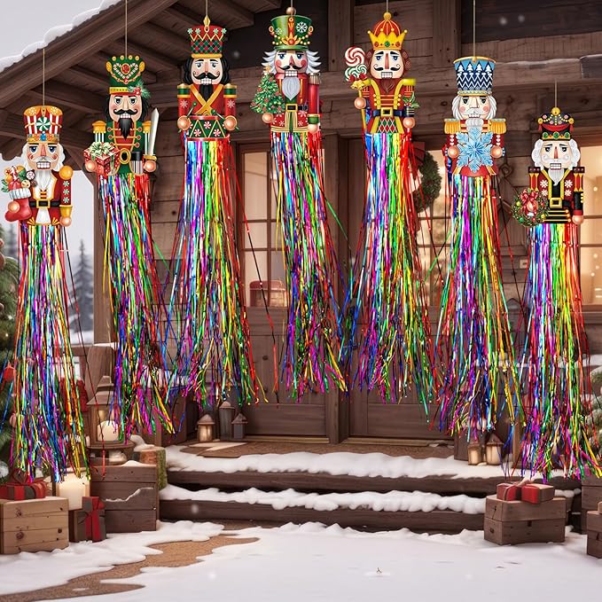 8pcs Nutcracker Christmas Windsocks Outdoor Hanging Decorations with Tassels Christmas Yard Decorations for Outside 3.3ft Xmas Signs for Wall Tree Home Lawn Yard Party Supplies Decor